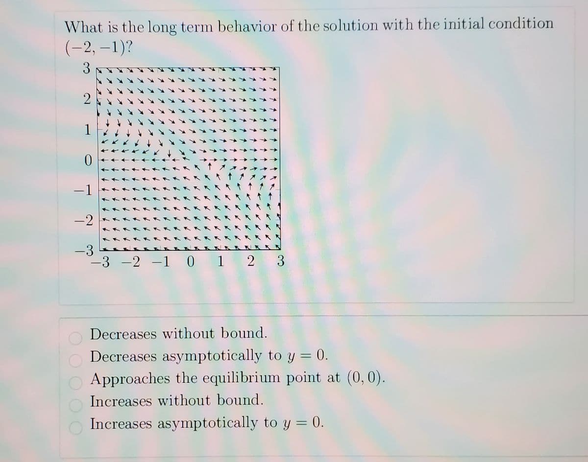 What is the long term behavior of the solution with the initial condition
(-2, –1)?
3
2
1
-1
-2
-3
-3 -2 -1 0 1 2 3
|
Decreases without bound.
Decreases asymptotically to y = 0.
Approaches the equilibrium point at (0,0).
Increases without bound.
Increases asymptotically to y = 0.

