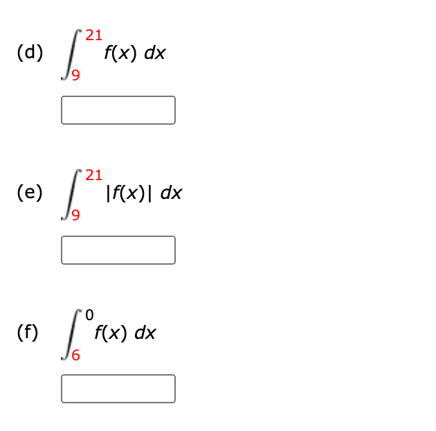 21
(d)
f(x) dx
21
(е)
|f(x)| dx
0.
(f)
f(x) dx
