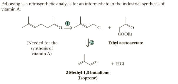 Following is a retrosynthetic analysis for an intermediate in the industrial synthesis of
vitamin A.
CI
+
ČOOET
(Needed for the
Ethyl acetoacetate
synthesis of
vitamin A)
+ HCI
2-Methyl-1,3-butadiene
(Isoprene)
