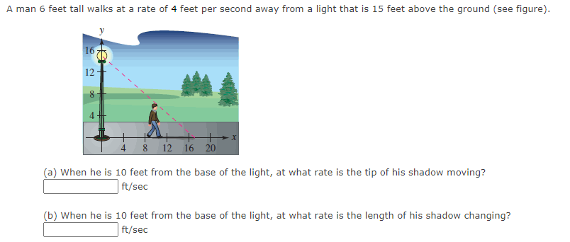 A man 6 feet tall walks at a rate of 4 feet per second away from a light that is 15 feet above the ground (see figure).
16
12
8 12 16 20o
(a) When he is 10 feet from the base of the light, at what rate is the tip of his shadow moving?
ft/sec
(b) When he is 10 feet from the base of the light, at what rate is the length of his shadow changing?
ft/sec
