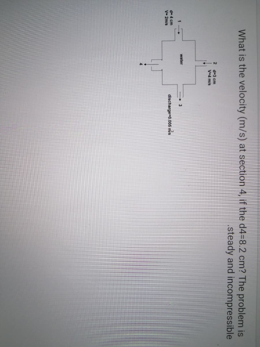 What is the velocity (m/s) at section 4, if the d4=8.2 cm? The problem is
.steady and incompressible
d=3 cm
V-4 mis
water
d= 4 cm
discharge-0.005 mis
V- 2m/s
