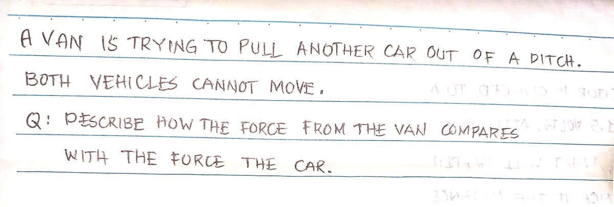 A VAN 15 TRYING TO PULL ANOTHER CAR OUT OF A DITCH.
BOTH VEHICLES CANNOT MOVE.
A OT O
4
Q: DESCRIBE HOW THE FORCE FROM THE VAN COMPARES
WITH THE FORCE THE CAR.
10
ITA STJOV 2.1
TAHL