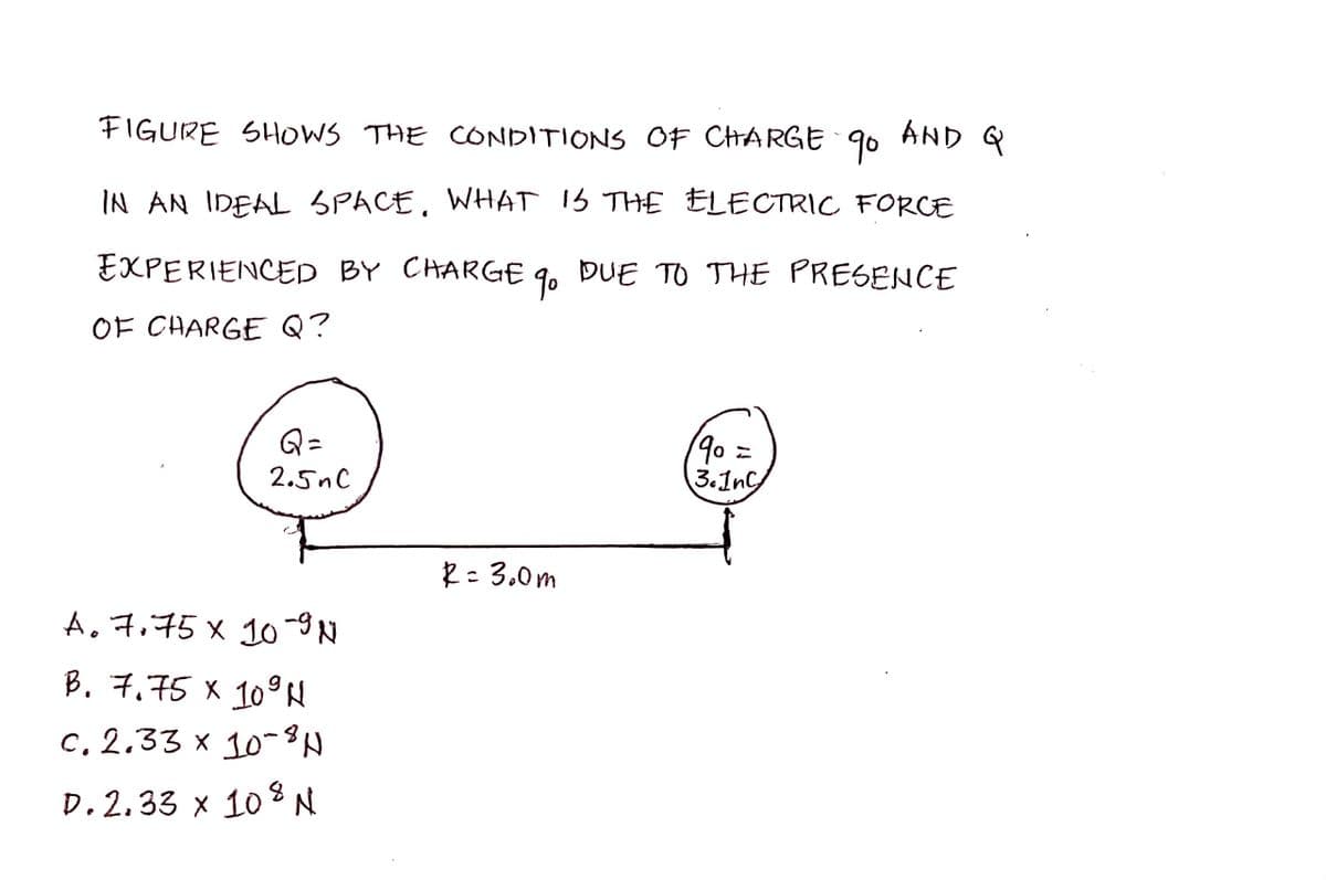 FIGURE SHOWS THE CONDITIONS OF CHARGE 90 AND Q
IN AN IDEAL SPACE, WHAT IS THE ELECTRIC FORCE
EXPERIENCED BY CHARGE 9⁰ DUE TO THE PRESENCE
OF CHARGE Q?
Q=
2.5nC
A. 7.75 × 10-9 N
B. 7.75 X 10⁹ N
c. 2.33 x 10-8 N
D. 2.33 x 108 N
R = 3.0m
19⁰ =
3.1nc