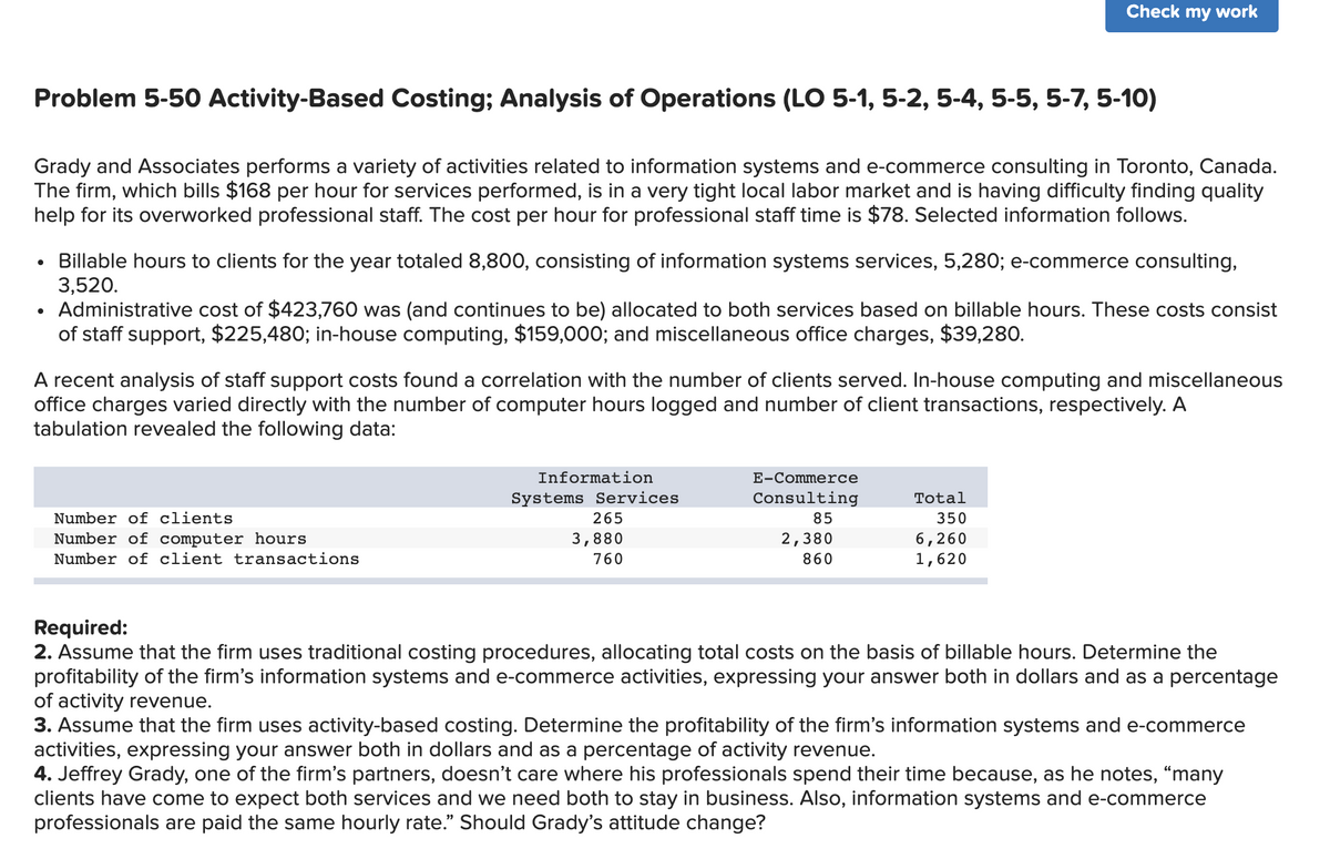 Check my work
Problem 5-50 Activity-Based Costing; Analysis of Operations (LO 5-1, 5-2, 5-4, 5-5, 5-7, 5-10)
Grady and Associates performs a variety of activities related to information systems and e-commerce consulting in Toronto, Canada.
The firm, which bills $168 per hour for services performed, is in a very tight local labor market and is having difficulty finding quality
help for its overworked professional staff. The cost per hour for professional staff time is $78. Selected information follows.
Billable hours to clients for the year totaled 8,800, consisting of information systems services, 5,280; e-commerce consulting,
3,520.
• Administrative cost of $423,760 was (and continues to be) allocated to both services based on billable hours. These costs consist
of staff support, $225,480; in-house computing, $159,000; and miscellaneous office charges, $39,280.
A recent analysis of staff support costs found a correlation with the number of clients served. In-house computing and miscellaneous
office charges varied directly with the number of computer hours logged and number of client transactions, respectively. A
tabulation revealed the following data:
Information
E-Commerce
Systems Services
265
Consulting
Total
Number of clients
85
350
Number of computer hours
Number of client transactions
3,880
2,380
6,260
1,620
760
860
Required:
2. Assume that the firm uses traditional costing procedures, allocating total costs on the basis of billable hours. Determine the
profitability of the firm's information systems and e-commerce activities, expressing your answer both in dollars and as a percentage
of activity revenue.
3. Assume that the firm uses activity-based costing. Determine the profitability of the firm's information systems and e-commerce
activities, expressing your answer both in dollars and as a percentage of activity revenue.
4. Jeffrey Grady, one of the firm's partners, doesn't care where his professionals spend their time because, as he notes, “many
clients have come to expect both services and we need both to stay in business. Also, information systems and e-commerce
professionals are paid the same hourly rate." Should Grady's attitude change?
