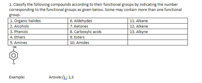 1. Classify the following compounds according to their functional groups by indicating the number
corresponding to the functional groups as given below. Some may contain more than one functional
group.
6. Aldehydes
7. Ketones
8. Carboxylic acids
9. Esters
1. Organic halides
11. Alkane
2. Alcohols
12. Alkene
3. Phenols
13. Alkyne
4. Ethers
5. Amines
10. Amides
он
CI
Example:
Answer/s: 1,3
