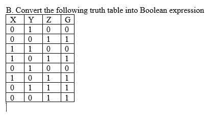 B. Convert the following truth table into Boolean expression
X
Y
G
1
1
1
1
1
1
1
1
1
1
1
1
1
1
1
1
| 1

