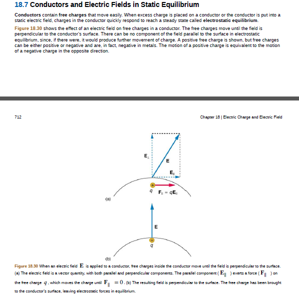 18.7 Conductors and Electric Fields in Static Equilibrium
Conductors contain free charges that move easily. When excess charge is placed on a conductor or the conductor is put into a
static electric field, charges in the conductor quickly respond to reach a steady state called electrostatic equilibrium.
Figure 18.30 shows the effect of an electric field on free charges in a conductor. The free charges move until the field is
perpendicular to the conductor's surface. There can be no component of the field parallel to the surface in electrostatic
equilibrium, since, if there were, it would produce further movement of charge. A positive free charge is shown, but free charges
can be either positive or negative and are, in fact, negative in metals. The motion of a positive charge is equivalent to the motion
of a negative charge in the opposite direction.
712
Chapter 18 | Electric Charge and Electric Field
(a)
(b)
Figure 18.30 When an electric field E is applied to a conductor, free charges inside the conductor move until the field is perpendicular to the surface.
(a) The electric field is a vector quantity, with both parallel and perpendicular components. The parallel component (E ) exerts a force (F ) on
the free charge q. which moves the charge until F = 0. (b) The resulting field is perpendiculer to the surface. The free charge has been brought
to the conductor's surface, leaving electrostatic forces in equilibrium.
ш
