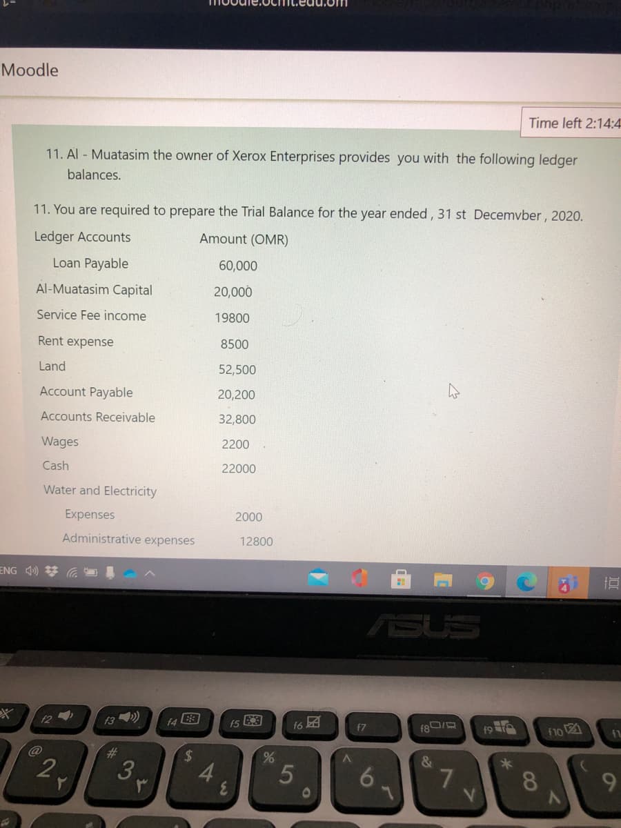 Moodle
Time left 2:14:4
11. Al - Muatasim the owner of Xerox Enterprises provides you with the following ledger
balances.
11. You are required to prepare the Trial Balance for the year ended, 31 st Decemvber, 2020.
Ledger Accounts
Amount (OMR)
Loan Payable
60,000
Al-Muatasim Capital
20,000
Service Fee income
19800
Rent expense
8500
Land
52,500
Account Payable
20,200
Accounts Receivable
32,800
Wages
2200
Cash
22000
Water and Electricity
Expenses
2000
Administrative expenses
12800
ENG 4)梦
直
ASUS
12
f3 »)
f4 E
f6因
f8D/
f7
f10 2
%23
%24
2
&
4.
3.
5
8.
6.

