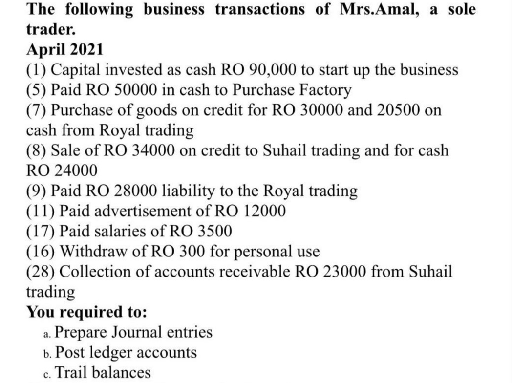 The following business transactions of Mrs.Amal, a sole
trader.
April 2021
(1) Capital invested as cash RO 90,000 to start up the business
(5) Paid RO 50000 in cash to Purchase Factory
(7) Purchase of goods on credit for RO 30000 and 20500 on
cash from Royal trading
(8) Sale of RO 34000 on credit to Suhail trading and for cash
RO 24000
(9) Paid RO 28000 liability to the Royal trading
(11) Paid advertisement of RO 12000
(17) Paid salaries of RO 3500
(16) Withdraw of RO 300 for personal use
(28) Collection of accounts receivable RO 23000 from Suhail
trading
You required to:
Prepare Journal entries
b. Post ledger accounts
c. Trail balances
а.
