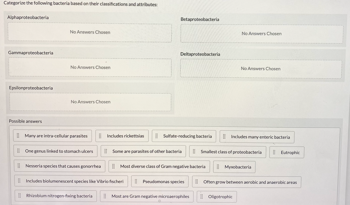 Categorize the following bacteria based on their classifications and attributes:
Alphaproteobacteria
Betaproteobacteria
No Answers Chosen
No Answers Chosen
Gammaproteobacteria
Deltaproteobacteria
No Answers Chosen
No Answers Chosen
Epsilonproteobacteria
No Answers Chosen
Possible answers
Many are intra-cellular parasites
| Includes rickettsias
| Sulfate-reducing bacteria
Includes many enteric bacteria
: One genus linked to stomach ulcers
Some are parasites of other bacteria
| Smallest class of proteobacteria
| Eutrophic
Nesseria species that causes gonorrhea
| Most diverse class of Gram negative bacteria
| Myxobacteria
Includes biolumenescent species like Vibrio fischeri
Pseudomonas species
Often grow between aerobic and anaerobic areas
Rhizobium nitrogen-fixing bacteria
| Most are Gram negative microaerophiles
| Oligotrophic
::::
::::
::::
::::
