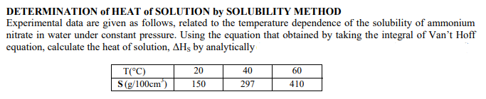 DETERMINATION of HEAT of SOLUTION by SOLUBILITY METHOD
Experimental data are given as follows, related to the temperature dependence of the solubility of ammonium
nitrate in water under constant pressure. Using the equation that obtained by taking the integral of Van't Hoff
equation, calculate the heat of solution, AHs by analytically
T(°C)
20
40
60
S(g/100cm)
150
297
410
