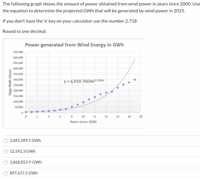 The following graph shows the amount of power obtained from wind power in years since 2000. Use
the equation to determine the projected GWh that will be generated by wind power in 2025.
If you don't have the 'e' key on your calculator use the number 2.718
Round to one decimal.
Power generated from Wind Energy in GWh
550,000
500,000
450,000
400,000
350,000
300,000
y = 6,910.7669e0.2240x
250,000
200,000
150,000
100,000
50,000
8.
10
12
14
16
18
20
Years since 2000
1,081,589.1 GWh
12,592.3 GWh
1,868,853.9 GWh
897,657.5 GWh
Giga Watt Hours
