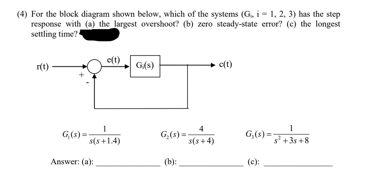 (4) For the block diagram shown below, which of the systems (Gi, i = 1, 2, 3) has the step
response with (a) the_largest overshoot? (b) zero steady-state error? (c) the longest
settling time?
e(t)
r(t)
Gi(s)
c(t)
1
1
G,(s) =
4
G,(s) =
G,(s) =
s(s+1.4)
s(s +4)
s' +3s + 8
Answer: (a):
(b):
(c):
