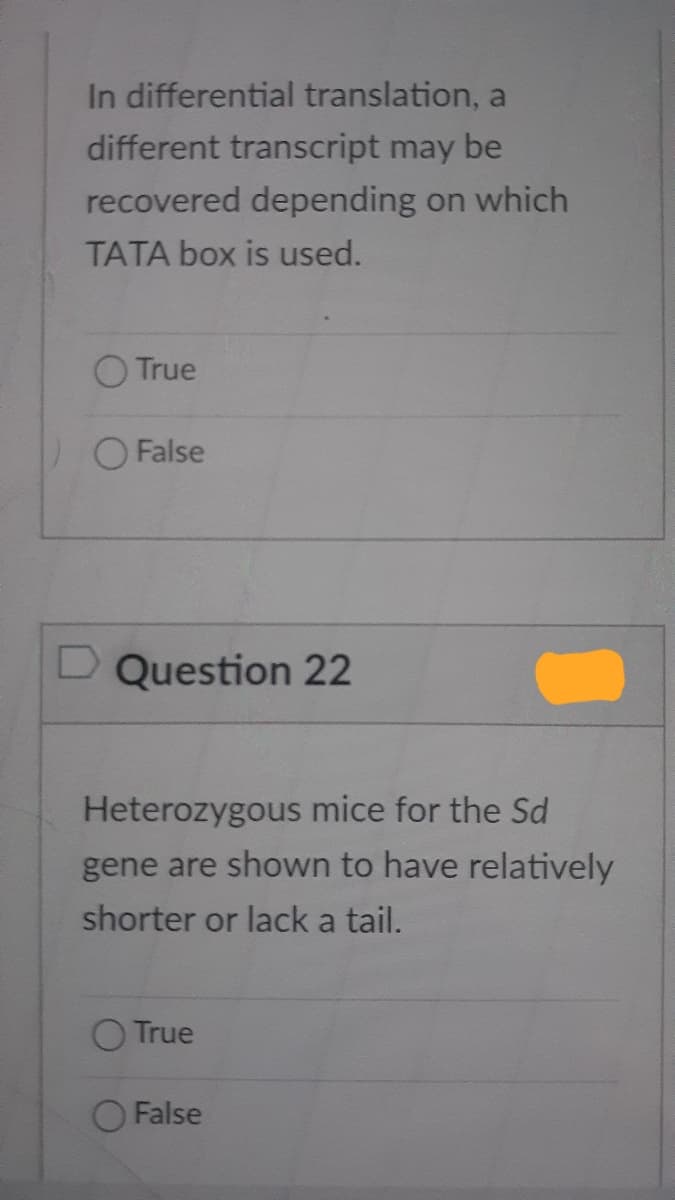 In differential translation, a
different transcript may be
recovered depending on which
TATA box is used.
O True
O False
D Question 22
Heterozygous mice for the Sd
gene are shown to have relatively
shorter or lack a tail.
O True
False