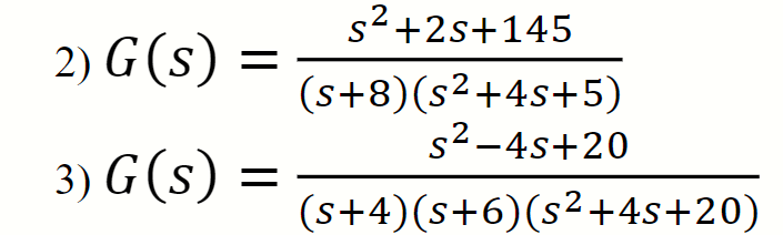 s2 +2s+145
2) G (s) =
(s+8)(s²+4s+5)
s2-4s+20
2
3) G (s) =
(s+4)(s+6)(s²+4s+20)
