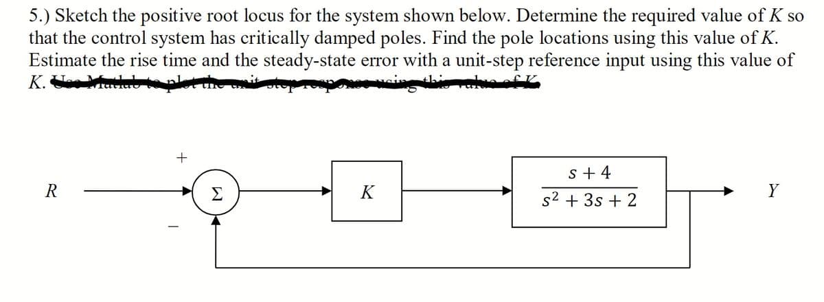 5.) Sketch the positive root locus for the system shown below. Determine the required value of K so
that the control system has critically damped poles. Find the pole locations using this value of K.
Estimate the rise time and the steady-state error with a unit-step reference input using this value of
K. U Matlurt
+
s + 4
R
K
s2 + 3s + 2
