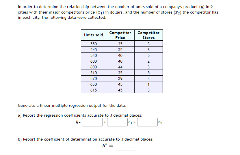 In order to determine the relationship between the number of units sold of a company's product (y) in 9
cities with their major competitor's price (*1) in dollars, and the number of stores (r2) the competitor has
in each city, the following data were collected.
Competitor
Competitor
Units sold
Price
Stores
550
35
3
545
35
3
540
40
600
40
2
600
44
3
510
35
570
39
4
650
45
1
615
45
3
Generate a linear multiple regression output for the data.
a) Report the regression coefficients accurate to 3 decimal places:
ŷ=
b) Report the coefficient of determination accurate to 3 decimal places:
R
