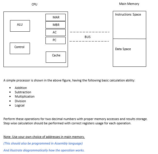 CPU
Main Memory
Instructions Space
MAR
ALU
MBR
AC
BUS
PC
Control
Data Space
Cache
A simple processor is shown in the above figure, having the following basic calculation ability:
Addition
Subtraction
• Multiplication
Division
• Logical
Perform these operations for two decimal numbers with proper memory accesses and results storage.
Step wise calculation should be performed with correct registers usage for each operation.
Note: Use vour own choice of addresses in main memory.
(This should also be programmed in Assembly language)
And illustrate diagrammatically how the operation works.
