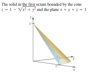The solid in the first octant bounded by the cone
z = 1- Vr? + y² and the plane x + y + z = 1

