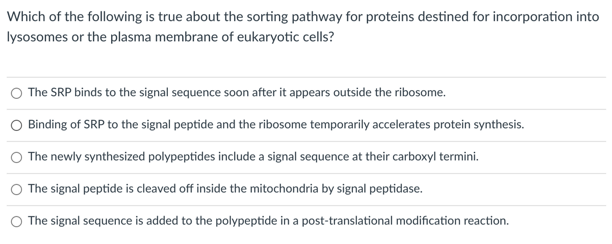 Which of the following is true about the sorting pathway for proteins destined for incorporation into
lysosomes or the plasma membrane of eukaryotic cells?
The SRP binds to the signal sequence soon after it appears outside the ribosome.
Binding of SRP to the signal peptide and the ribosome temporarily accelerates protein synthesis.
O The newly synthesized polypeptides include a signal sequence at their carboxyl termini.
The signal peptide is cleaved off inside the mitochondria by signal peptidase.
The signal sequence is added to the polypeptide in a post-translational modification reaction.
