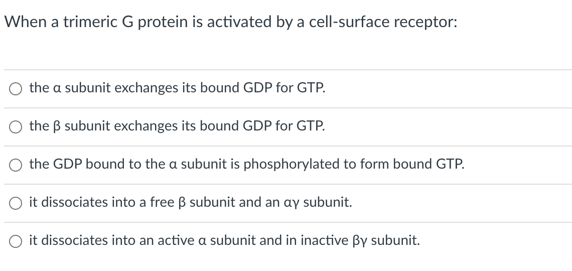 When a trimeric G protein is activated by a cell-surface receptor:
the a subunit exchanges its bound GDP for GTP.
the B subunit exchanges its bound GDP for GTP.
the GDP bound to the a subunit is phosphorylated to form bound GTP.
it dissociates into a free B subunit and an ay subunit.
O it dissociates into an active a subunit and in inactive By subunit.
