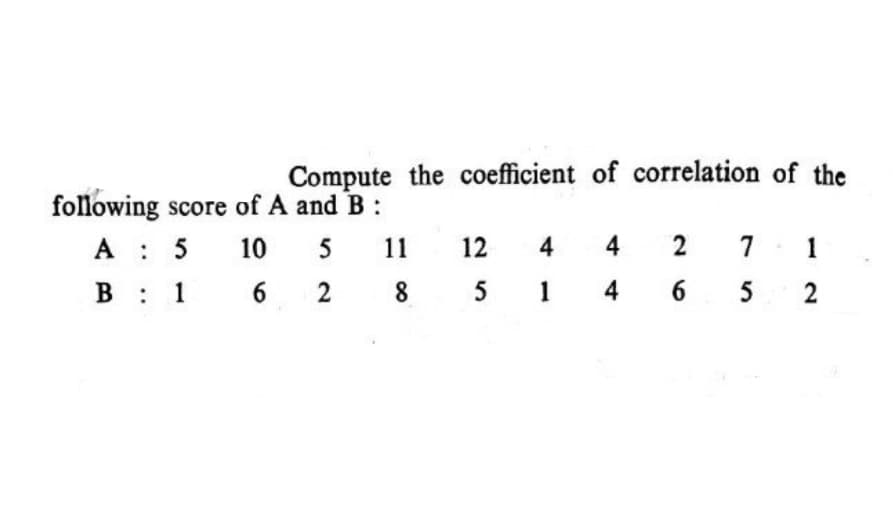 Compute the coefficient of correlation of the
following score of A and B:
A : 5
10
5
11
12
4
4
2
7
1
B 1
6
2
8
1
5
2
:
