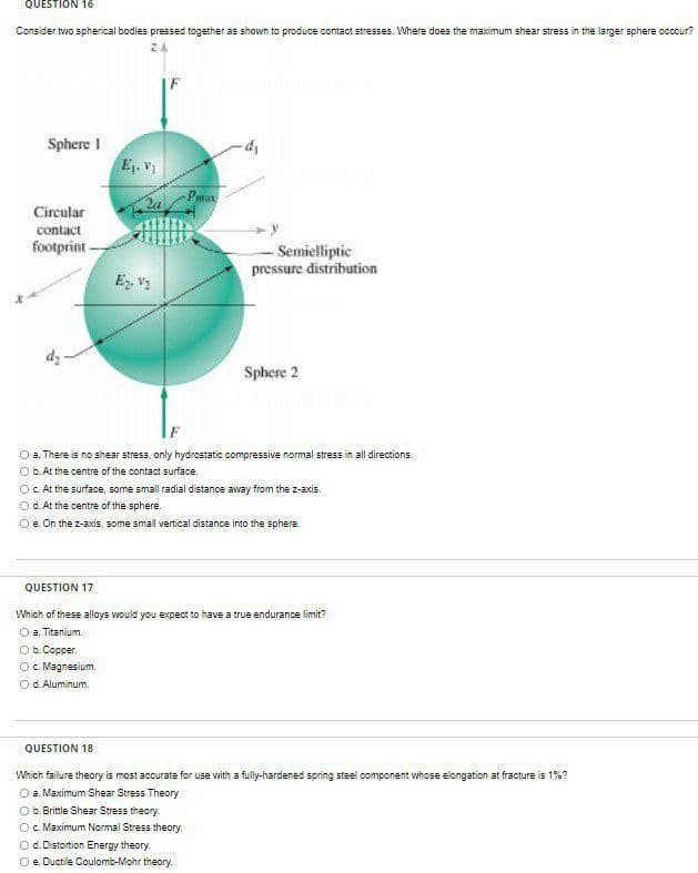 QUESTION 16
Consider two spherical bodies pressed together as shown to produce contact stresses. Where does the maximum shear stress in the larger sphere occcur?
Sphere I
Ej. v
Pmax
Circular
contact
footprint-
- Semielliptic
pressure distribution
E. Va
Sphere 2
O a. There is no shear stress, only hydrostatic compressive normal stress in all directions.
O b. At the centre of the contact surface.
OC At the surface, some small radial distance away from the z-axis.
O d. At the centre of the sphere.
O e. On the z-axis, some small vertical distance into the sphere.
QUESTION 17
Which of these alloys would you expect to have a true endurance limit?
O a. Titanium.
Ob.Copper.
O. Magnesium.
O d. Aluminum.
QUESTION 18
Which failure theory is most accurate for use with a fully-hardened spring steel component whose elongation at fracture is 1%?
O a. Maximum Shear Stress Theory
Ob. Brittle Shear Stress theory.
Oc Maximum Normal Stress theory.
Od. Distortion Energy theory.
O e. Ductile Coulomb-Mohr theory.
