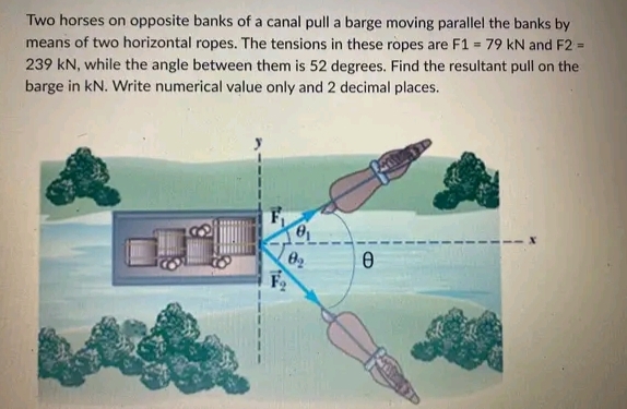 Two horses on opposite banks of a canal pull a barge moving parallel the banks by
means of two horizontal ropes. The tensions in these ropes are F1 = 79 kN and F2 =
239 kN, while the angle between them is 52 degrees. Find the resultant pull on the
barge in kN. Write numerical value only and 2 decimal places.
8₂
F₂
1-24
Ө