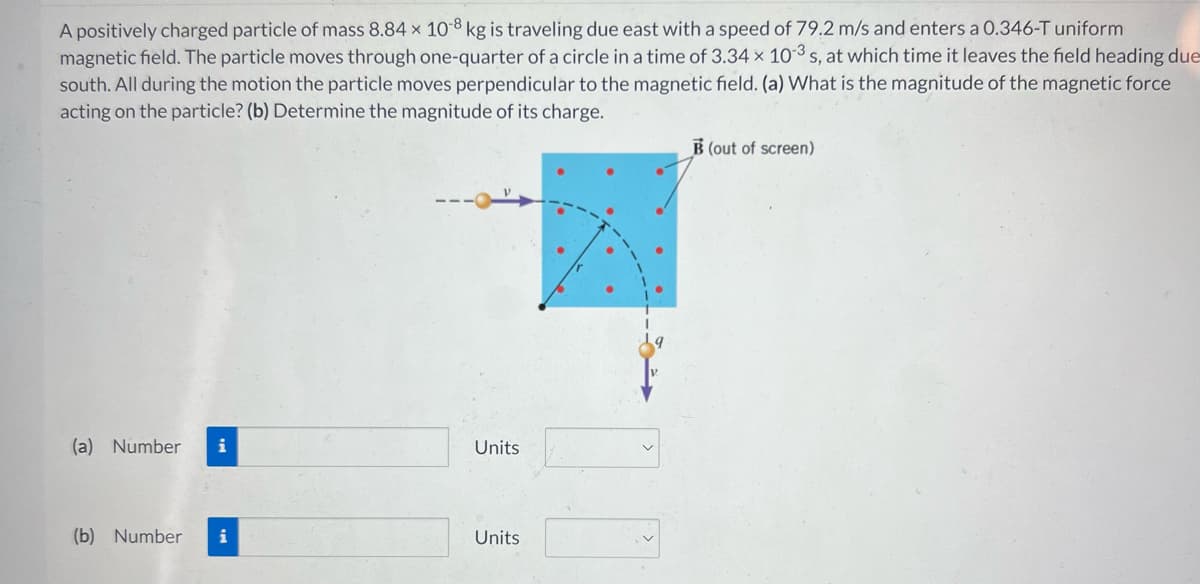 A positively charged particle of mass 8.84 x 10-8 kg is traveling due east with a speed of 79.2 m/s and enters a 0.346-T uniform
magnetic field. The particle moves through one-quarter of a circle in a time of 3.34 x 10-3 s, at which time it leaves the field heading due
south. All during the motion the particle moves perpendicular to the magnetic field. (a) What is the magnitude of the magnetic force
acting on the particle? (b) Determine the magnitude of its charge.
(a) Number i
(b) Number i
Units
Units
B (out of screen)