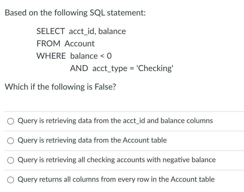 Based on the following SQL statement:
SELECT acct_id, balance
FROM Account
WHERE balance < 0
AND acct_type = 'Checking'
Which if the following is False?
Query is retrieving data from the acct_id and balance columns
Query is retrieving data from the Account table
Query is retrieving all checking accounts with negative balance
Query returns all columns from every row in the Account table