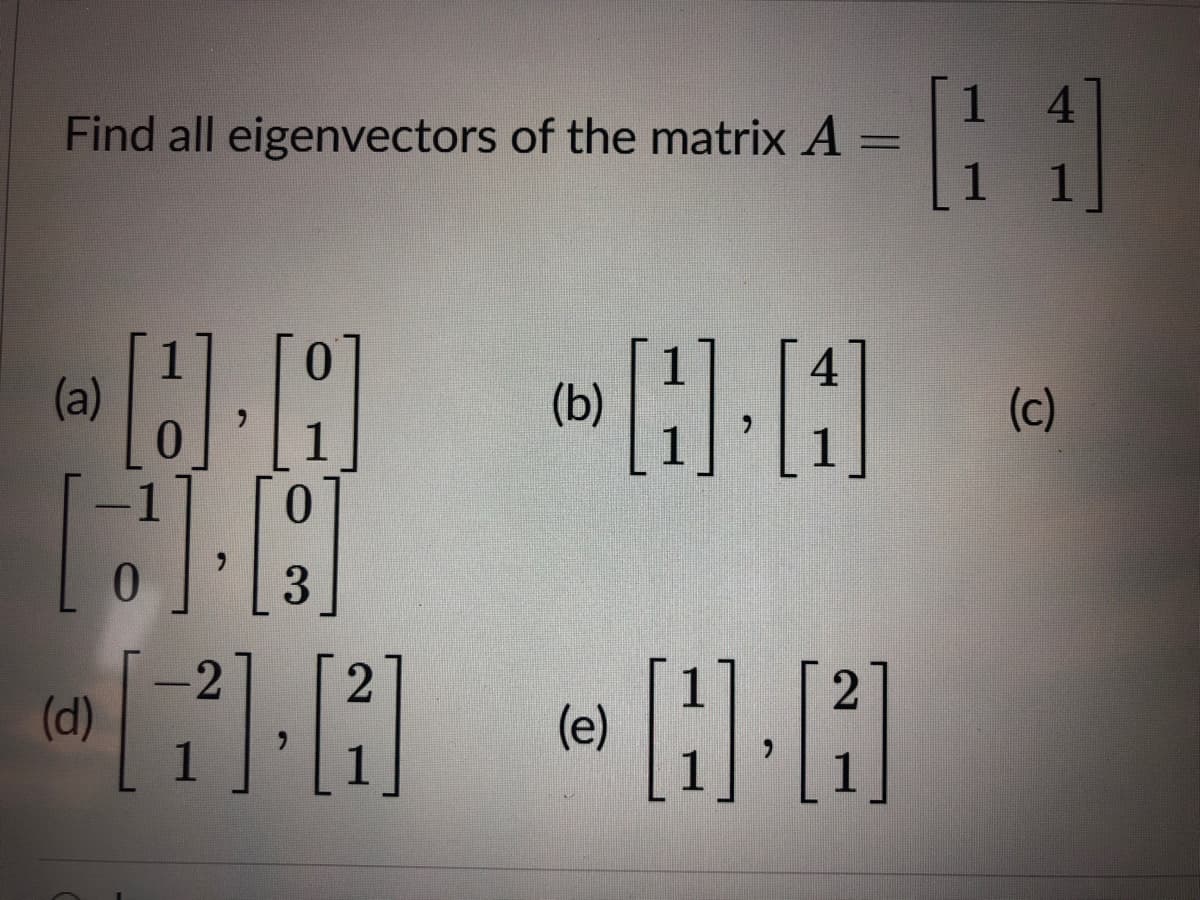 4.
1
Find all eigenvectors of the matrix A =
1
1
4
(a)
(b)
(c)
1
1
3
-2
(d)
1
(e)
1
