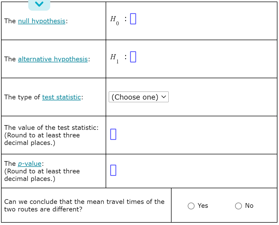 The null hypothesis:
H :||
H :0
The alternative hypothesis:
Н
The type of test statistic:
(Choose one) v
The value of the test statistic:
(Round to at least three
decimal places.)
The p-value:
(Round to at least three
decimal places.)
Can we conclude that the mean travel times of the
Yes
No
two routes are different?
