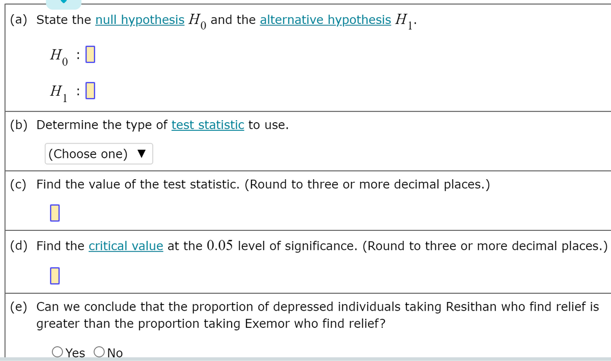 (a) State the null hypothesis H, and the alternative hypothesis H .
H. :
0
H, :0
(b) Determine the type of test statistic to use.
(Choose one) ▼
(c) Find the value of the test statistic. (Round to three or more decimal places.)
(d) Find the critical value at the 0.05 level of significance. (Round to three or more decimal places.)
(e) Can we conclude that the proportion of depressed individuals taking Resithan who find relief is
greater than the proportion taking Exemor who find relief?
O Yes ONo
