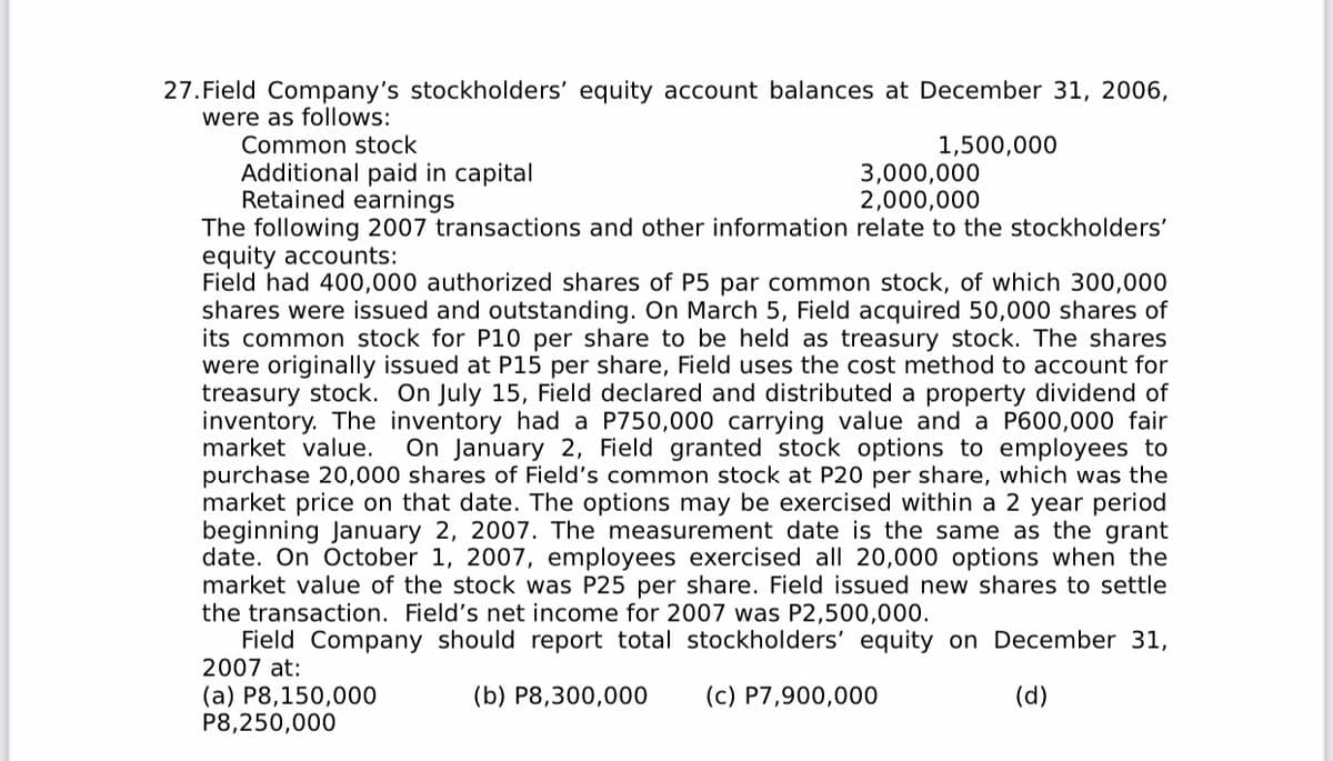 27. Field Company's stockholders' equity account balances at December 31, 2006,
were as follows:
Common stock
Additional paid in capital
Retained earnings
The following 2007 transactions and other information relate to the stockholders'
equity accounts:
Field had 400,000 authorized shares of P5 par common stock, of which 300,000
shares were issued and outstanding. On March 5, Field acquired 50,000 shares of
its common stock for P10 per share to be held as treasury stock. The shares
were originally issued at P15 per share, Field uses the cost method to account for
treasury stock. On July 15, Field declared and distributed a property dividend of
inventory. The inventory had a P750,000 carrying value and a P600,000 fair
market value.
purchase 20,000 shares of Field's common stock at P20 per share, which was the
market price on that date. The options may be exercised within a 2 year period
beginning January 2, 2007. The measurement date is the same as the grant
date. On October 1, 2007, employees exercised all 20,000 options when the
market value of the stock was P25 per share. Field issued new shares to settle
the transaction. Field's net income for 2007 was P2,500,000.
Field Company should report total stockholders' equity on December 31,
2007 at:
1,500,000
3,000,000
2,000,000
On January 2, Field granted stock options to employees to
(a) P8,150,000
P8,250,000
(b) P8,300,000
(c) P7,900,000
(d)
