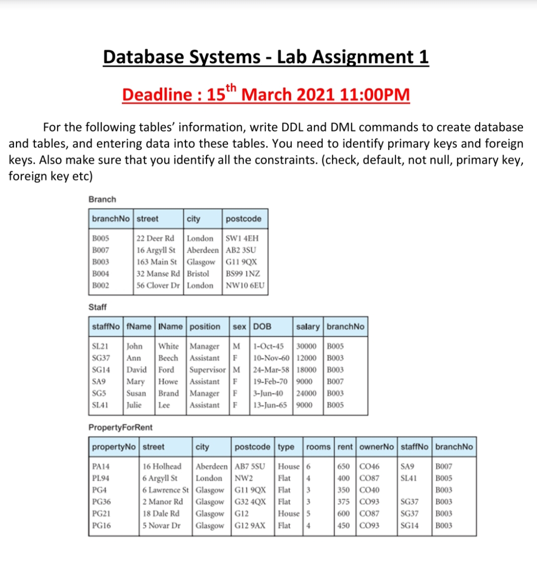 Database Systems - Lab Assignment 1
Deadline : 15th March 2021 11:00PM
For the following tables' information, write DDL and DML commands to create database
and tables, and entering data into these tables. You need to identify primary keys and foreign
keys. Also make sure that you identify all the constraints. (check, default, not null, primary key,
foreign key etc)
Branch
branchNo street
city
postcode
BO05
B007
BO03
BO04
22 Deer Rd
16 Argyll St Aberdeen AB2 3SU
163 Main St Glasgow |G119QX
32 Manse Rd Bristol
56 Clover Dr London
London
SWI 4EH
BS99 1NZ
BO02
NW10 6EU|
Staff
staffNo fName IName position
sex DOB
salary branchNo
30000 BO05
| 10-Nov-60 12000 |BO03
24-Mar-58 18000
19-Feb-70 | 9000
SL21
John
White
Manager
M
1-Oct-45
SG37
Ann
Beech
Assistant
F
SG14
David
Ford
Supervisor M
BO03
SA9
Mary
Howe
Assistant
F
BO07
Brand Manager
3-Jun-40
13-Jun-65 9000
SG5
Susan
F
24000 BO03
SL41
Julie
Lee
Assistant
F
BO05
PropertyForRent
propertyNo street
city
postcode type
rooms rent ownerNo staffNo branchNo
Aberdeen AB7 5SU
London
6 Lawrence St Glasgow |G11 9QX
Glasgow G32 4QX
Glasgow G12
Glasgow |G12 9AX
650 |CO46
400 CO87
350 CO40
375 CO93
600 |CO87
PA14
16 Holhead
House 6
SA9
BO07
PL94
6 Argyll St
NW2
Flat
4
SL41
B005
PG4
Flat
3
BO03
PG36
2 Manor Rd
Flat
3
SG37
BO03
PG21
18 Dale Rd
House 5
SG37
BO03
PG16
5 Novar Dr
Flat
4
450
CO93
SG14
BO03
