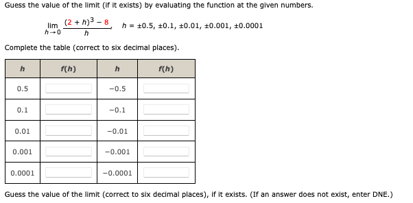 Guess the value of the limit (If it exists) by evaluating the function at the given numbers.
llm (2 + h)3 - 8
h = +0.5, ±0.1, +0.01, +0.001, +0.0001
h-0
Complete the table (correct to six decimal places).
h
r(h)
h
f(h)
0.5
-0.5
0.1
-0.1
0.01
-0.01
0.001
-0.001
0.0001
-0.0001
Guess the value of the limit (correct to six decimal places), If It exists. (If an answer does not exist, enter DNE.)
