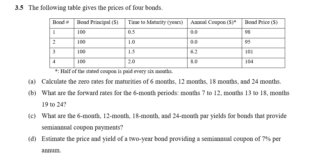 3.5 The following table gives the prices of four bonds.
Bond Principal ($)
Time to Maturity (years)
1
100
0.5
2
100
1.0
3
100
1.5
4
100
2.0
*: Half of the stated coupon is paid every six months.
(a)
Calculate the zero rates for maturities of 6 months, 12 months, 18 months, and 24 months.
(b) What are the forward rates for the 6-month periods: months 7 to 12, months 13 to 18, months
19 to 24?
Bond #
Annual Coupon ($)*
0.0
annum.
0.0
6.2
8.0
Bond Price ($)
98
95
101
104
(c) What are the 6-month, 12-month, 18-month, and 24-month par yields for bonds that provide
semiannual coupon payments?
(d) Estimate the price and yield of a two-year bond providing a semiannual coupon of 7% per