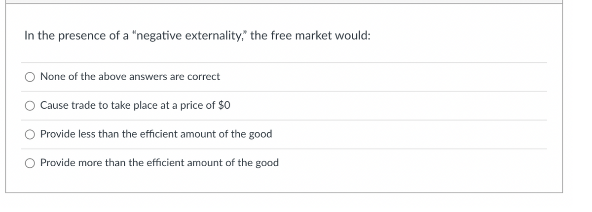 In the presence of a "negative externality," the free market would:
None of the above answers are correct
Cause trade to take place at a price of $0
Provide less than the efficient amount of the good
Provide more than the efficient amount of the good
