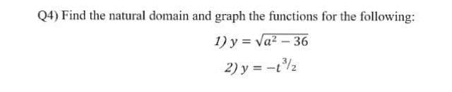 Q4) Find the natural domain and graph the functions for the following:
1) y = Va? – 36
2) y = -t2
