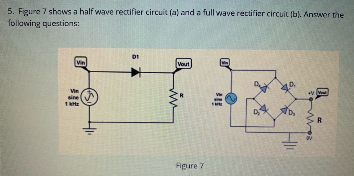 5. Figure 7 shows a half wave rectifier circuit (a) and a full wave rectifier circuit (b). Answer the
following questions:
D1
Vin
Vout
Vin
Vin
+v Vout
sine A
1 kHz
Vin
sine
1 kHz
ov
Figure 7
