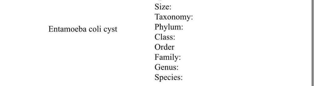 Entamoeba coli cyst
Size:
Taxonomy:
Phylum:
Class:
Order
Family:
Genus:
Species: