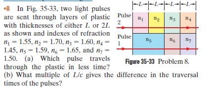 •8 In Fig. 35-33, two light pulses
are sent through layers of plastic
Pulse
п
п
with thicknesses of either L or 2L
as shown and indexes of refraction
Pulse
n = 1.55, nz = 1.70, nz = 1.60, n4 = i
1.45, ng = 1.59, ng = 1.65, and n, =
1.50. (a) Which pulse travels
through the plastic in less time?
(b) What multiple of Lic gives the difference in the traversal
times of the pulses?
%3D
Figure 35-33 Problem 8.
