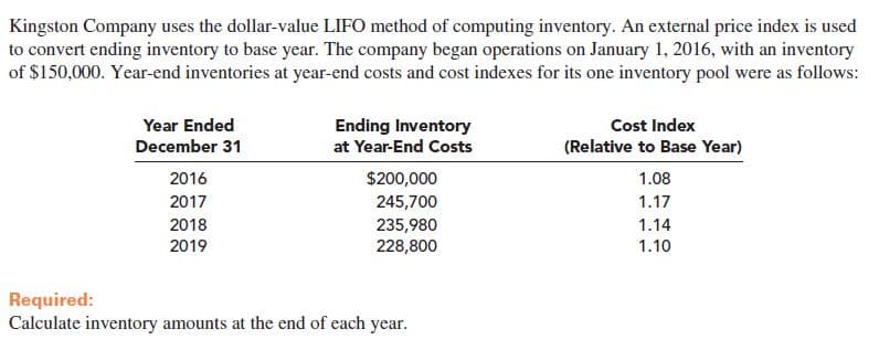 Kingston Company uses the dollar-value LIFO method of computing inventory. An external price index is used
to convert ending inventory to base year. The company began operations on January 1, 2016, with an inventory
of $150,000. Year-end inventories at year-end costs and cost indexes for its one inventory pool were as follows:
Ending Inventory
Cost Index
Year Ended
December 31
at Year-End Costs
(Relative to Base Year)
$200,000
2016
1.08
2017
245,700
1.17
2018
235,980
228,800
1.14
2019
1.10
Required:
Calculate inventory amounts at the end of each year.
