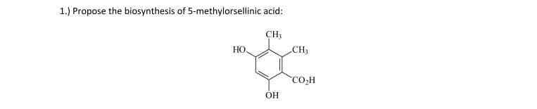 1.) Propose the biosynthesis of 5-methylorsellinic acid:
CH3
НО.
CH3
`CO,H
OH
