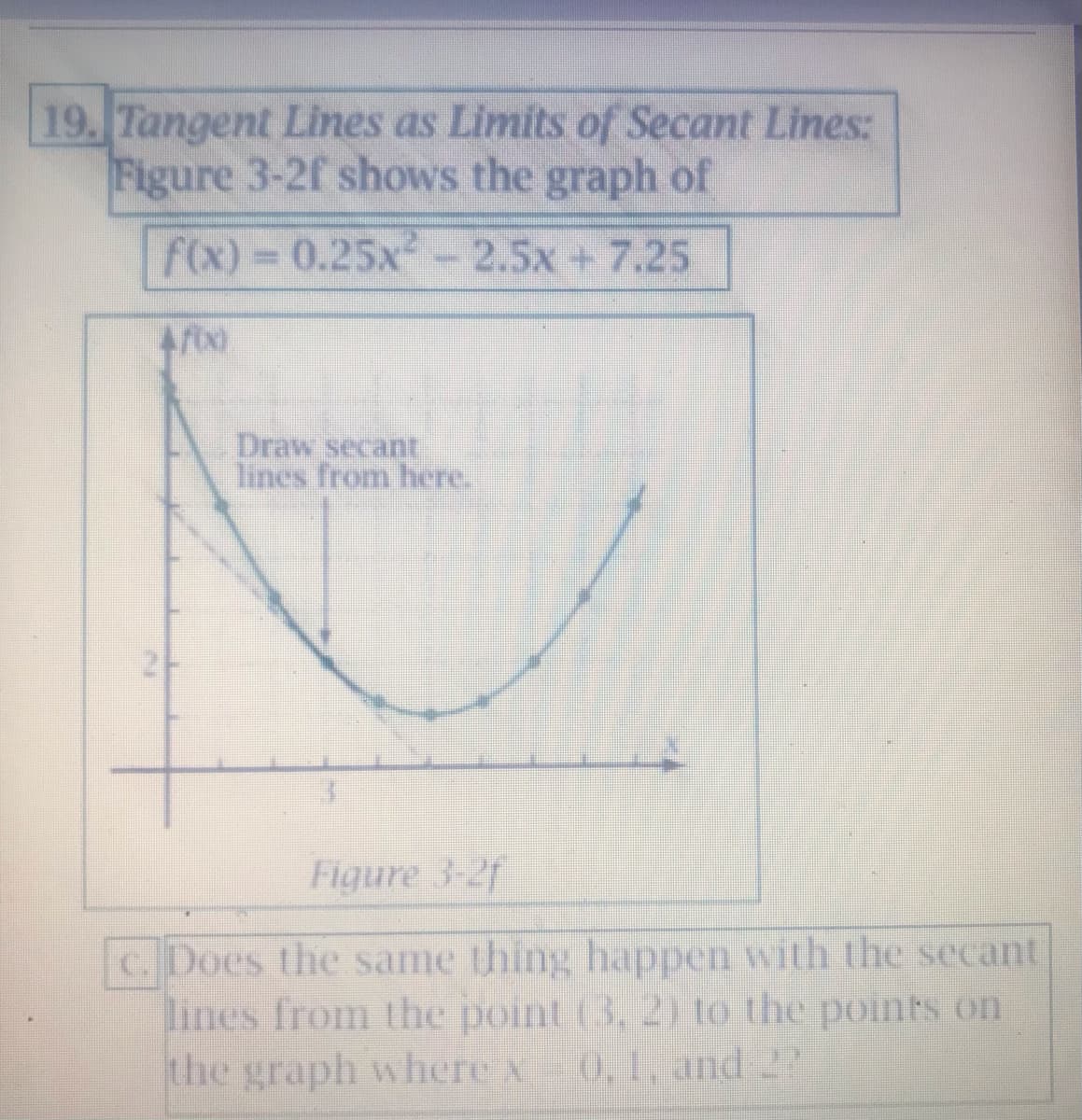 19. Tangent Lines as Limits of Secant Lines:
Figure 3-2f shows the graph of
f(x) 0.25x-2.5x+7.25
%3D
Draw secant
lines from here.
2-
Figure 3-2f
C. Does the same thing happen with the secant
lines from the pont 1o the points on
0,1, and 2
the graph where s
