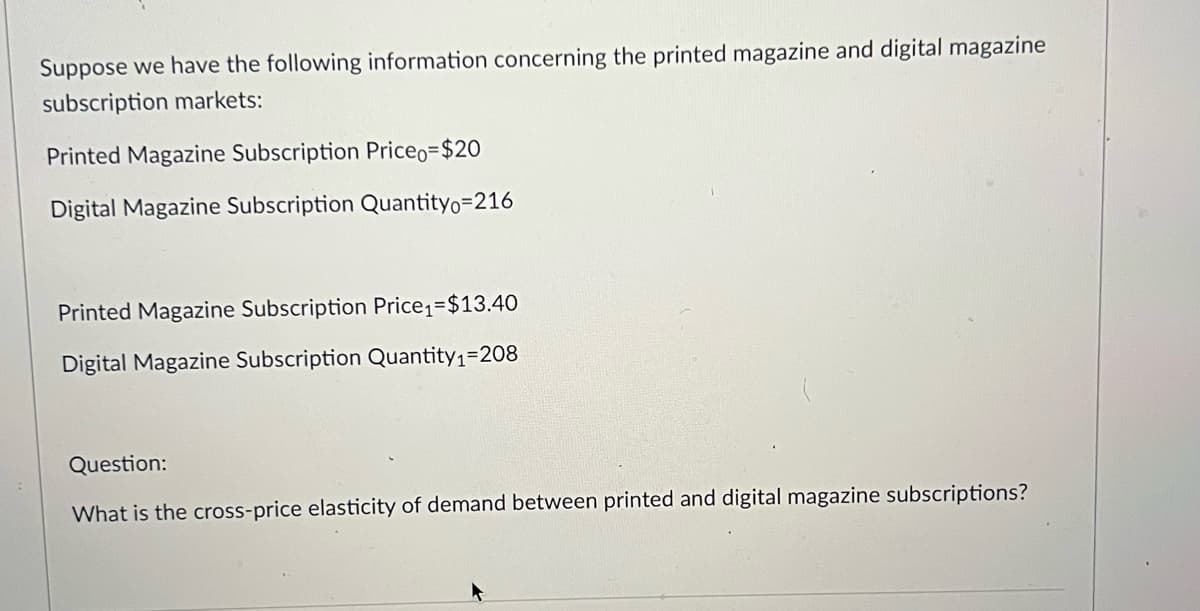Suppose we have the following information concerning the printed magazine and digital magazine
subscription markets:
Printed Magazine Subscription Priceo=$20
Digital Magazine Subscription Quantityo=216
Printed Magazine Subscription Price1=$13.40
Digital Magazine Subscription Quantity1=208
Question:
What is the cross-price elasticity of demand between printed and digital magazine subscriptions?
