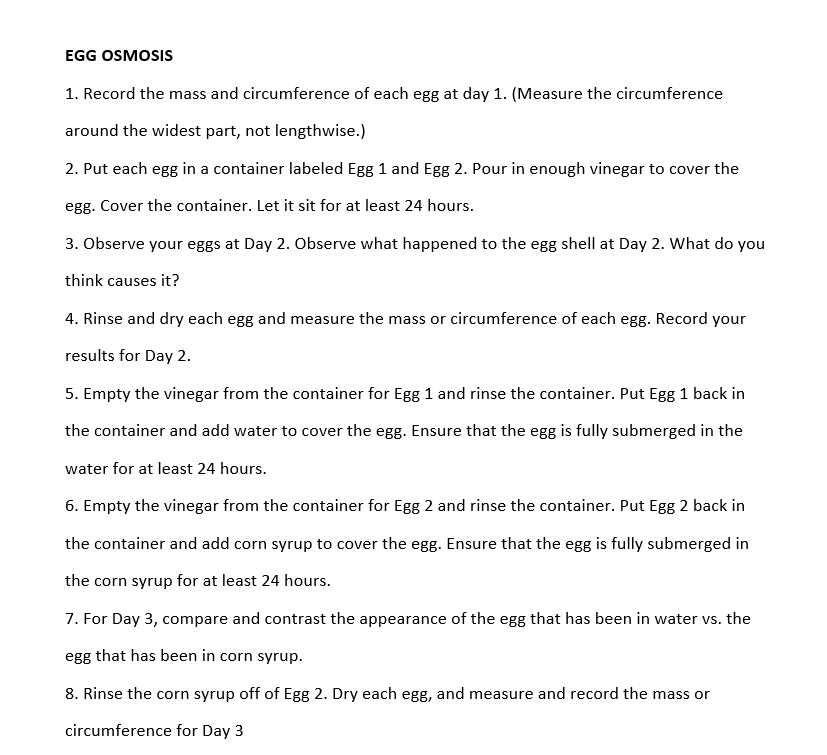 EGG OSMOSIS
1. Record the mass and circumference of each egg at day 1. (Measure the circumference
around the widest part, not lengthwise.)
2. Put each egg in a container labeled Egg 1 and Egg 2. Pour in enough vinegar to cover the
egg. Cover the container. Let it sit for at least 24 hours.
3. Observe your eggs at Day 2. Observe what happened to the egg shell at Day 2. What do you
think causes it?
4. Rinse and dry each egg and measure the mass or circumference of each egg. Record your
results for Day 2.
5. Empty the vinegar from the container for Egg 1 and rinse the container. Put Egg 1 back in
the container and add water to cover the egg. Ensure that the egg is fully submerged in the
water for at least 24 hours.
6. Empty the vinegar from the container for Egg 2 and rinse the container. Put Egg 2 back in
the container and add corn syrup to cover the egg. Ensure that the egg is fully submerged in
the corn syrup for at least 24 hours.
7. For Day 3, compare and contrast the appearance of the egg that has been in water vs. the
egg that has been in corn syrup.
8. Rinse the corn syrup off of Egg 2. Dry each egg, and measure and record the mass or
circumference for Day 3
