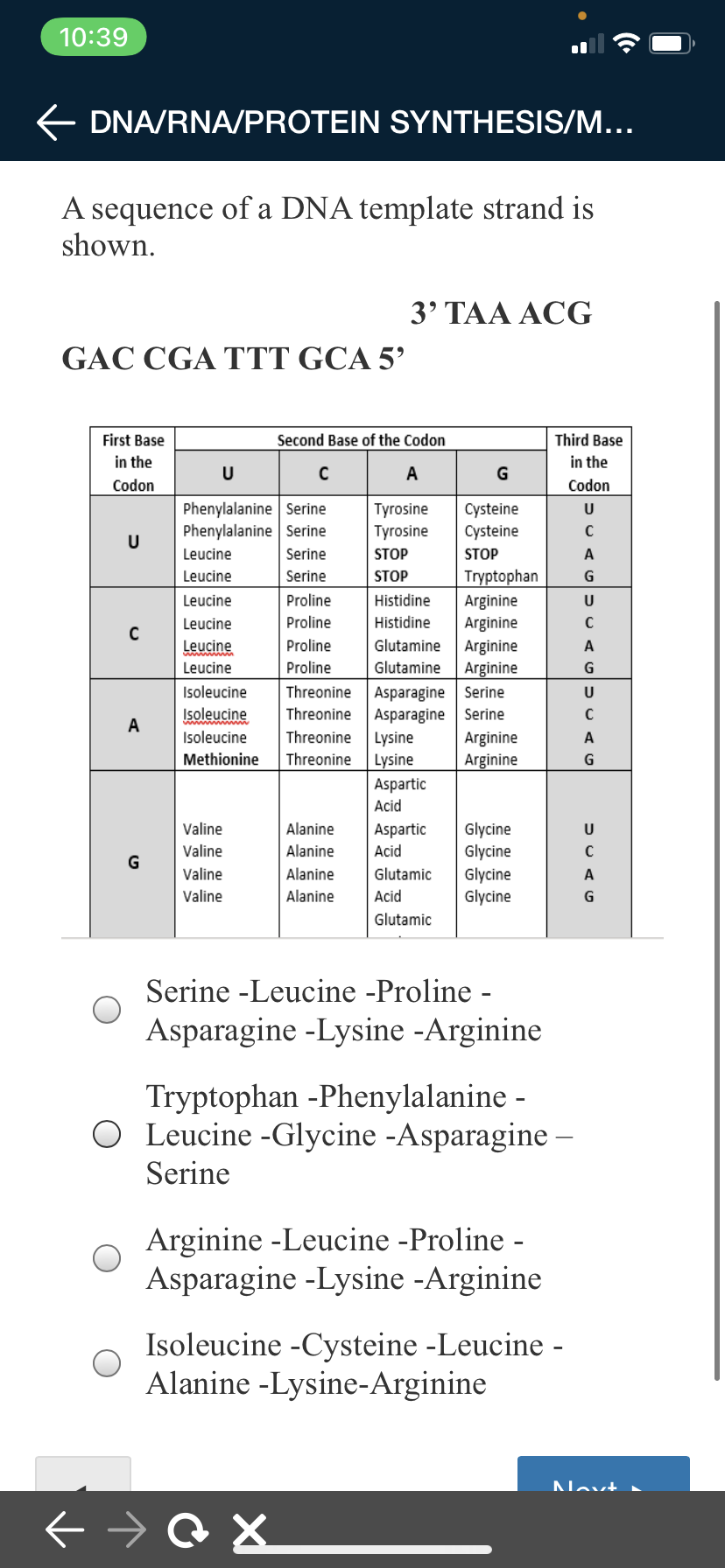 10:39
E DNA/RNA/PROTEIN SYNTHESIS/M...
A sequence of a DNA template strand is
shown.
3, ΤAA ACG
GAC CGA TTT GCA 5'
First Base
Second Base of the Codon
Third Base
in the
in the
U
A
G
Codon
Codon
Phenylalanine Serine
Phenylalanine Serine
Tyrosine
Tyrosine
Cysteine
U
Cysteine
U
Leucine
Serine
STOP
STOP
A
Tryptophan
Arginine
Arginine
Arginine
Arginine
Asparagine Serine
Asparagine Serine
Arginine
Leucine
Serine
STOP
Leucine
Proline
Histidine
Leucine
Proline
Histidine
Leucine
Proline
Glutamine
A
Leucine
Proline
Glutamine
Isoleucine
Threonine
Isoleucine
Threonine
A
Isoleucine
Threonine
Lysine
Lysine
Aspartic
A
Methionine
Threonine
Arginine
Acid
Glycine
Glycine
Glycine
Glycine
Valine
Alanine
Aspartic
Valine
Alanine
Acid
C
Valine
Alanine
Glutamic
A
Valine
Alanine
Acid
G
Glutamic
Serine -Leucine -Proline -
Asparagine -Lysine -Arginine
Tryptophan -Phenylalanine -
O Leucine -Glycine -Asparagine -
Serine
Arginine -Leucine -Proline -
Asparagine -Lysine -Arginine
Isoleucine -Cysteine -Leucine -
Alanine -Lysine-Arginine
Novt
