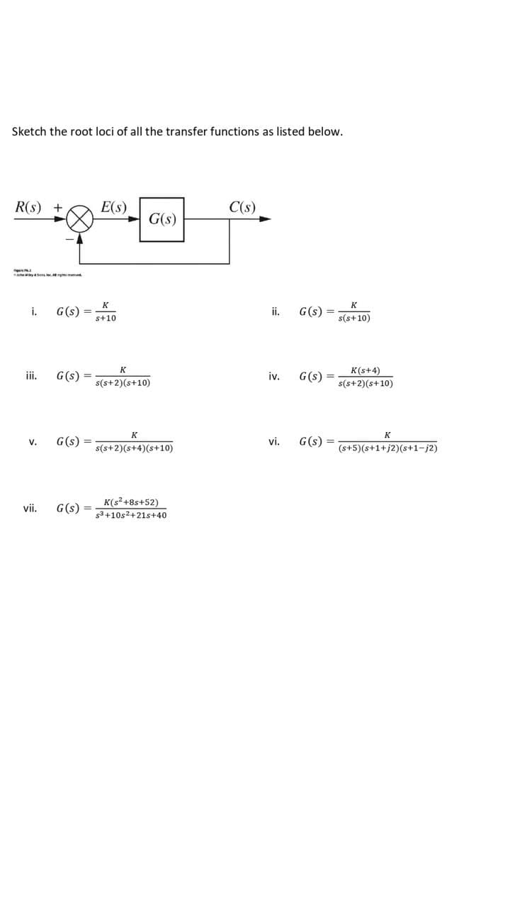 Sketch the root loci of all the transfer functions as listed below.
R(s) +
E(s)
C(s)
G(s)
ySens
K
K
i.
G(s) =
s+10
ii.
G(s) =
%3D
s(s+10)
K
K(s+4)
i.
G(s)
iv.
G(s) =
s(s+2)(s+10)
s(s+2)(s+10)
K
K
V.
G(s)
vi.
G(s) =
s(s+2)(s+4)(s+10)
(s+5)(s+1+j2)(s+1-j2)
G(s) =
K(s? +8s+52)
53+10s2+21s+40
vii.
