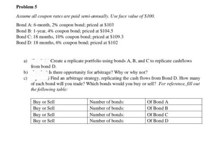 Problem 5
Assume all coupon rates are paid semi-annually. Use face value of $100.
Bond A: 6-month, 2% coupon bond; priced at $103
Bond B: 1-year, 4 % coupon bond: priced at $104.5
Bond C: 18 months, 10% coupon bond; priced at $109.3
Bond D: 18 months, 6% coupon bond; priced at $102
b)
c)
Create a replicate portfolio using bonds A, B, and C to replicate cashflows
from bond D.
Is there opportunity for arbitrage? Why or why not?
Find an arbitrage strategy, replicating the cash flows from Bond D. How many
of each bond will you trade? Which bonds would you buy or sell? For reference, fill out
the following table:
Buy or Sell
Buy or Sell
Buy or Sell
Buy or Sell
Number of bonds:
Number of bonds:
Number of bonds:
Number of bonds:
Of Bond A
Of Bond B
Of Bond C
Of Bond D